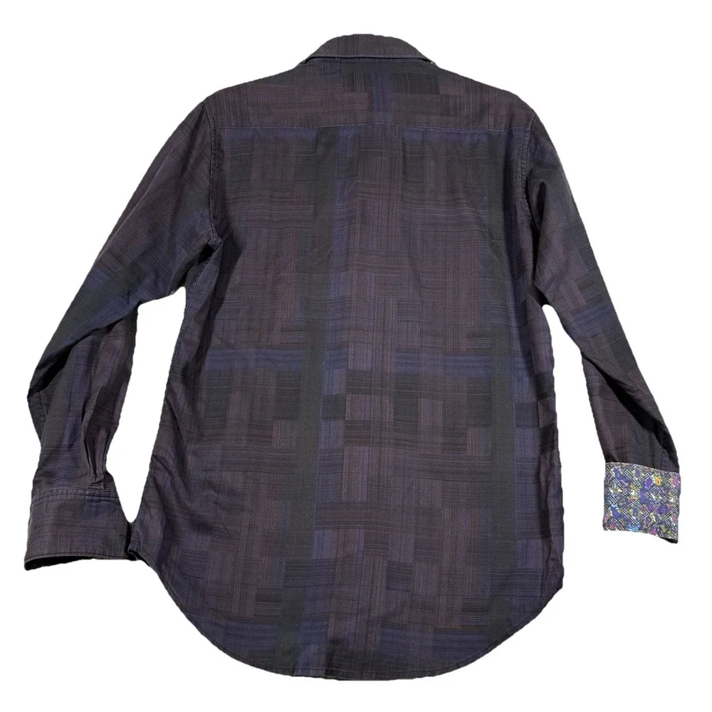 Robert Graham Shirt Mens XS Black Purple Plaid Classic Fit Embroidered Flip Cuff